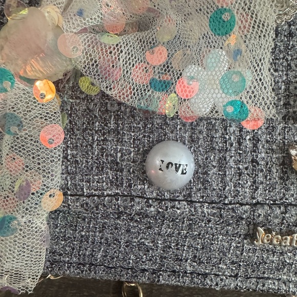 Kids Gray Tweed Mini Bag with Pearl Handle and Gold Chain - Picture 2 of 4